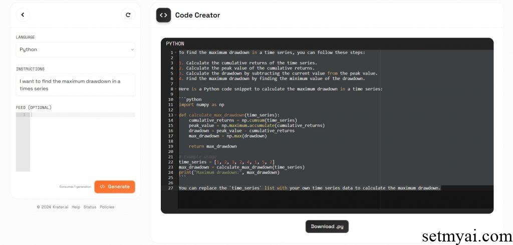 Krater AI Code Creator Result